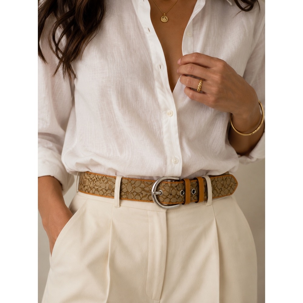Coach monogram canvas leather belt Size S tan brown designer